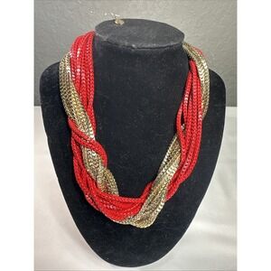 Amrita Singh Vintage Gold Red Twisted Necklace Chunky Boho Retro 4th of July